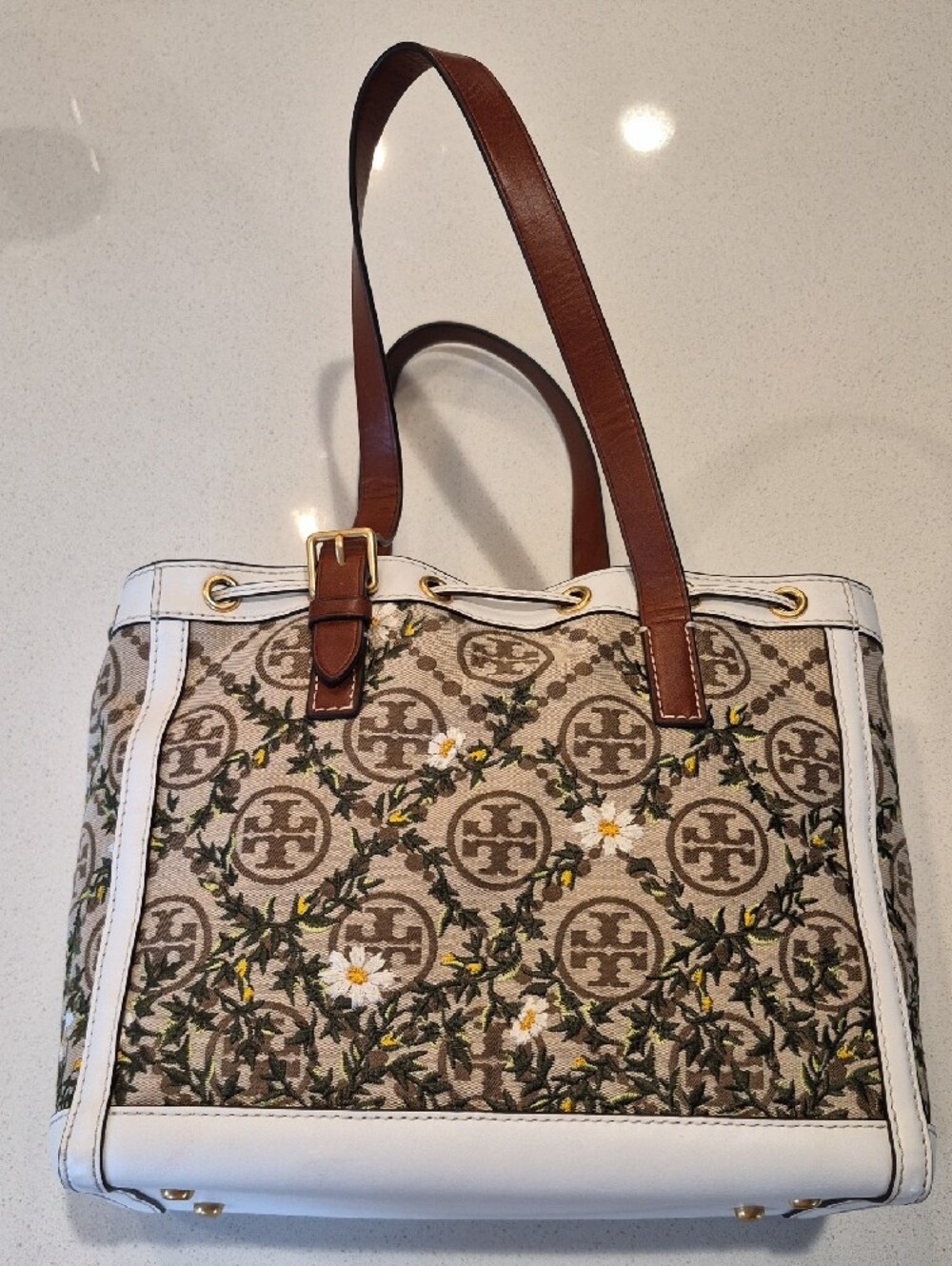 Tory Burch "T" monogram daisie and goldfinch brocade satchel - EUC - Picture 5 of 9